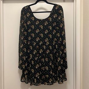 Black floral long sleeve mini dress. Size M.